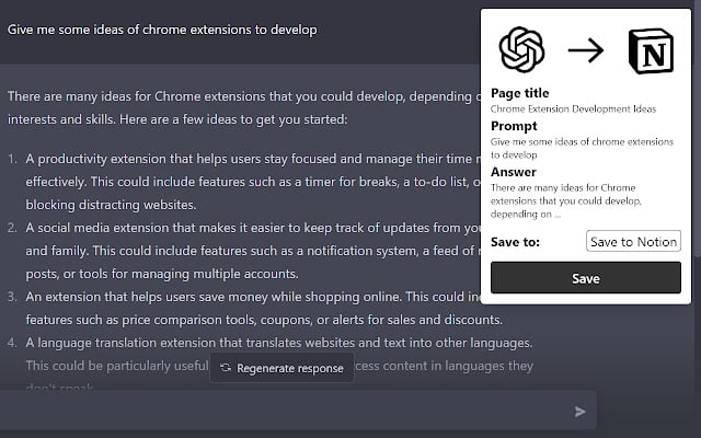 ChatGPT to Notion Chrome extension screenshot