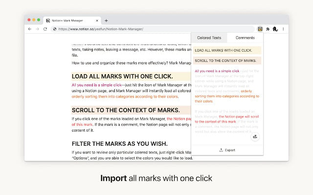 Captura de pantalla de la extensión de Chrome Notion+ Mark Manager