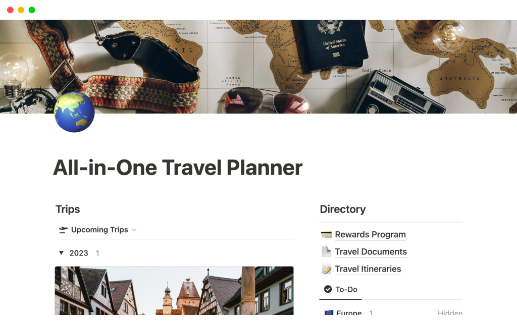 Captura de pantalla de la plantilla All-in-One Travel Planner