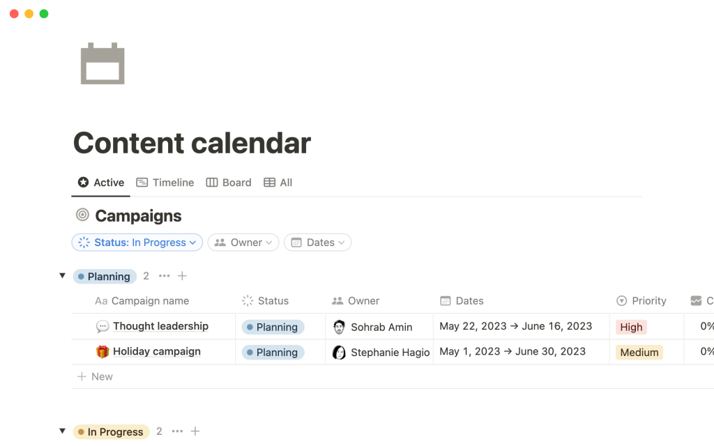 Captura de pantalla de la plantilla Calendario de contenido