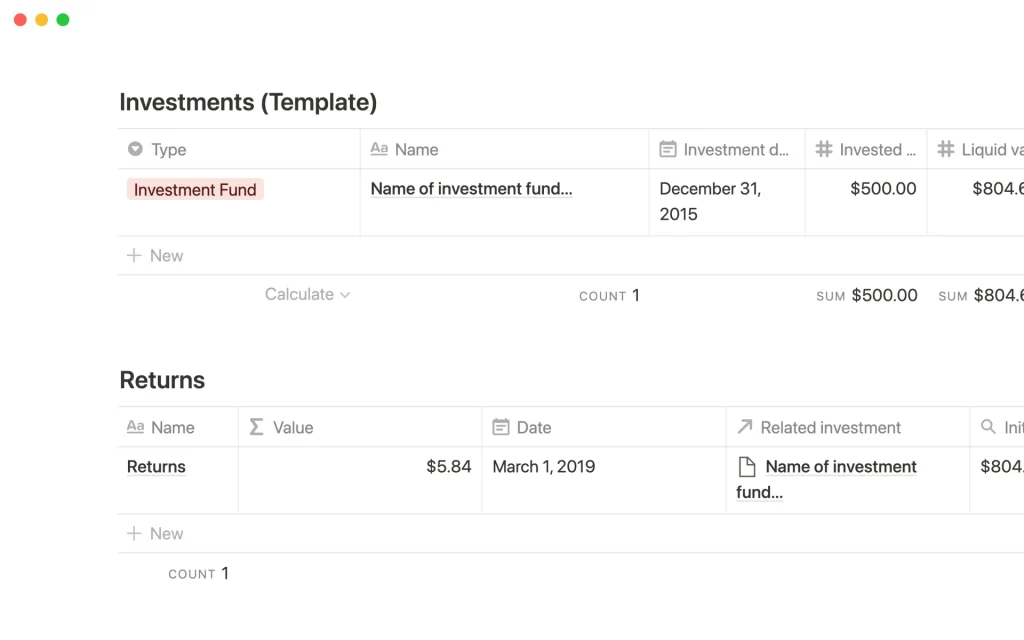 Captura de pantalla de la plantilla Investments tracker
