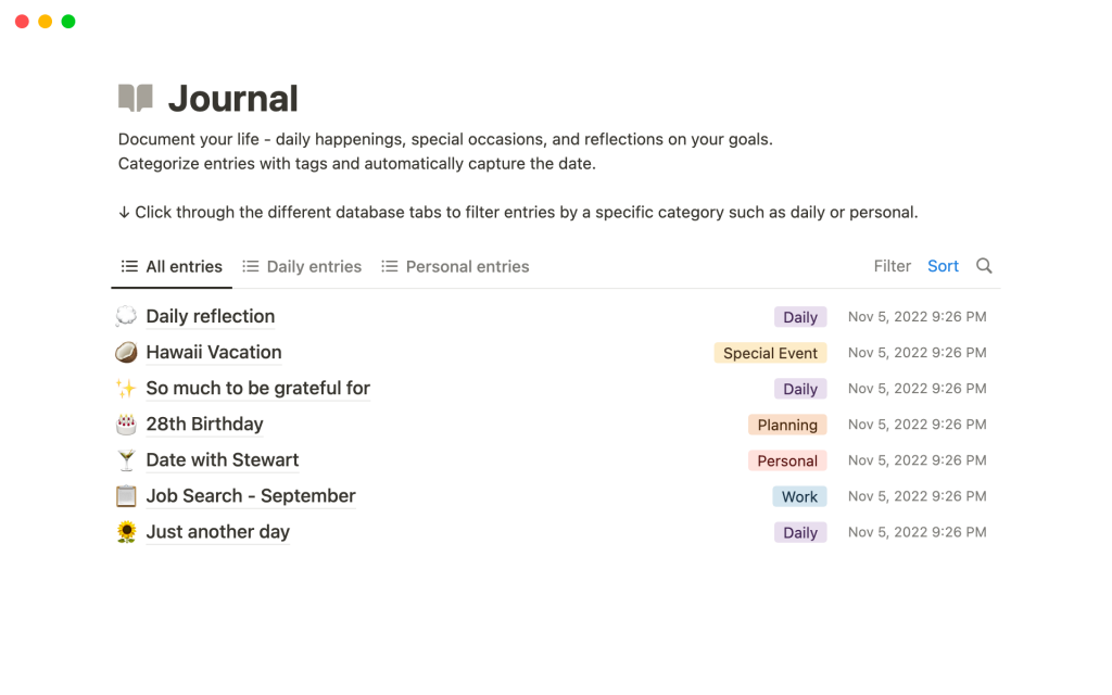 Journal template screenshot