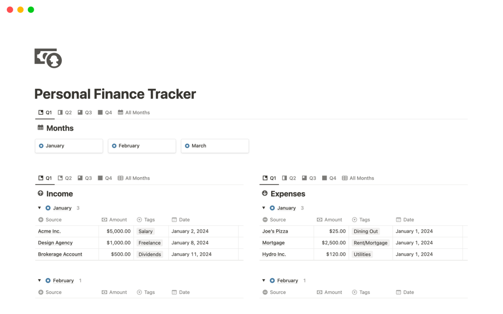 Captura de pantalla de la plantilla Personal Finance Tracker with Automations