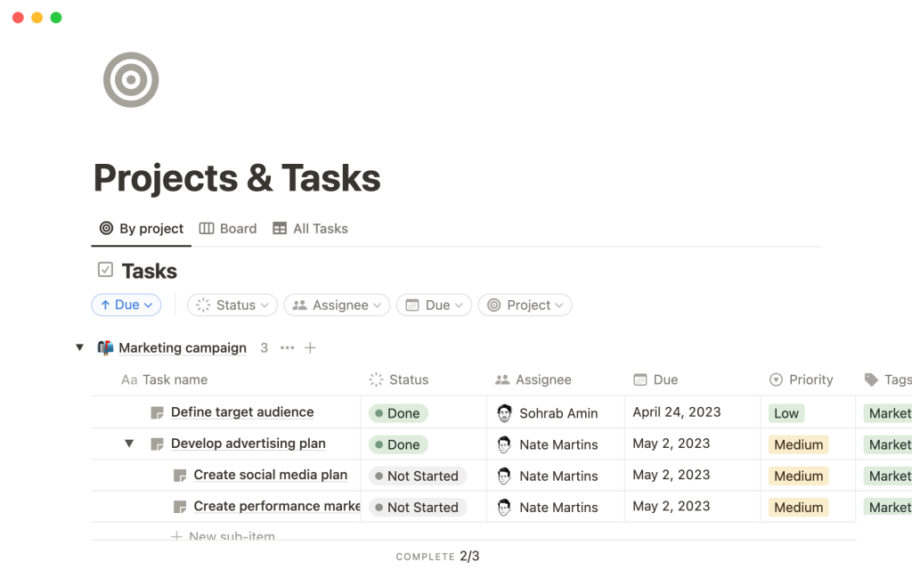 Projects & Tasks template screenshot