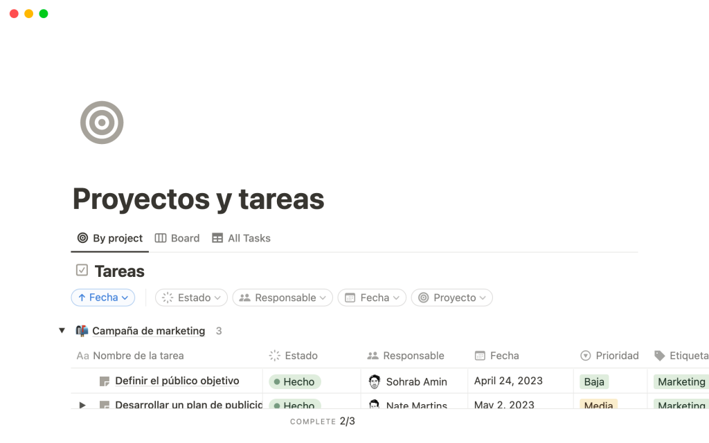 Captura de pantalla de la plantilla Proyectos y tareas