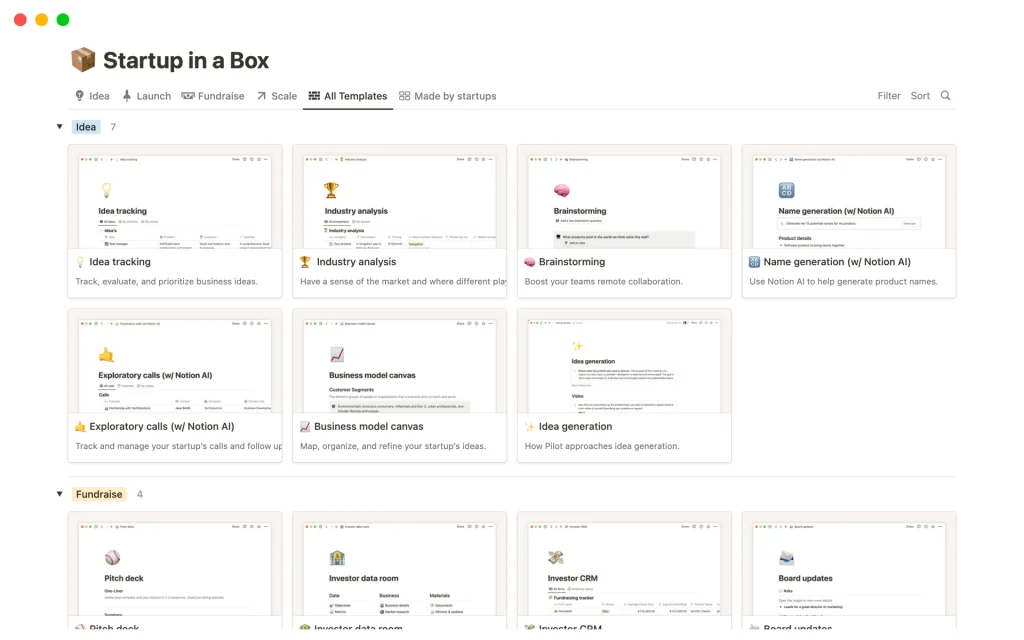 Captura de pantalla de la plantilla Startup in a Box