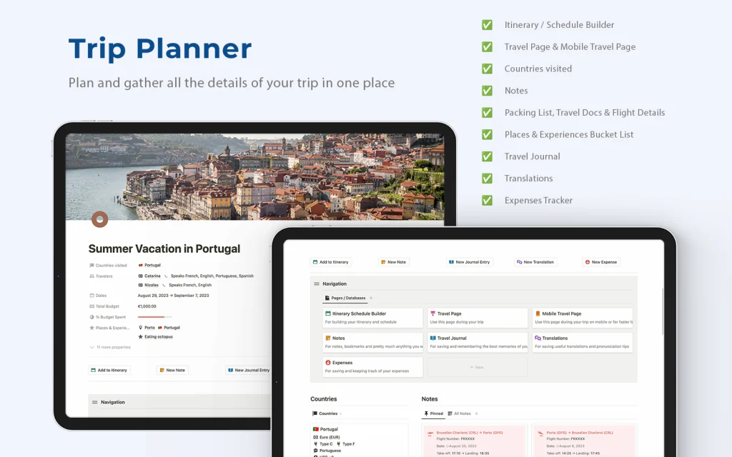 Captura de pantalla de la plantilla Explorer Travel Planner
