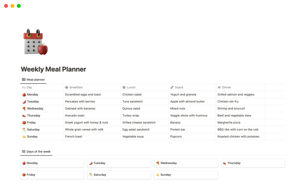 Captura de pantalla de la plantilla Notion Meal Planner