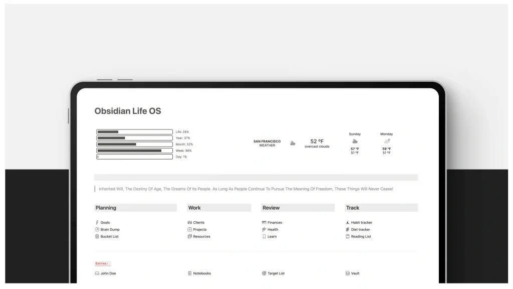 Captura de pantalla de la plantilla Obsidian Life OS
