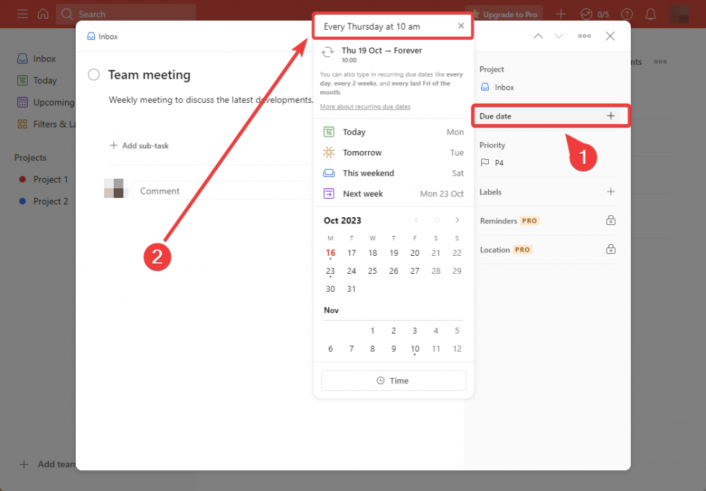 Setting a recurring task on Todoist in the Due date property