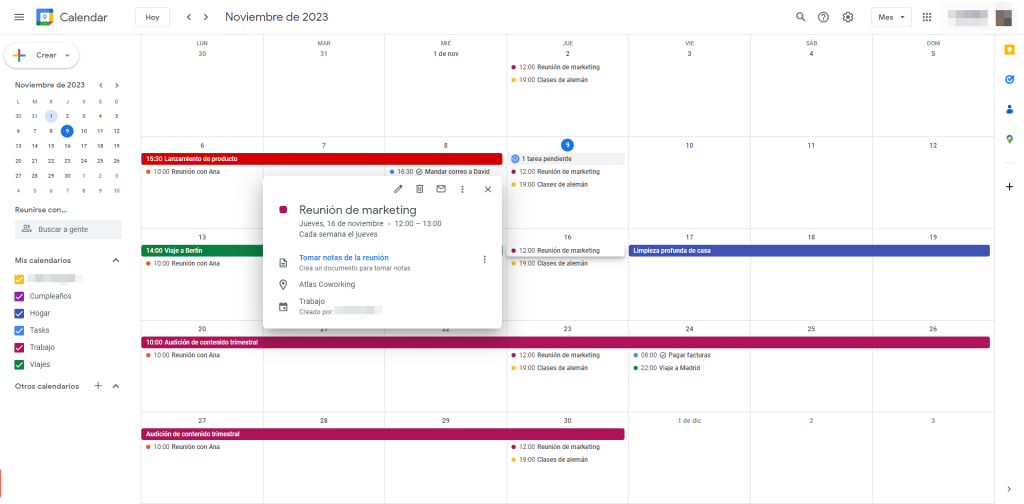 Captura de pantalla de Google Calendar en web