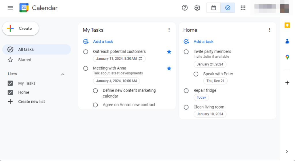 Google Tasks sample screenshot