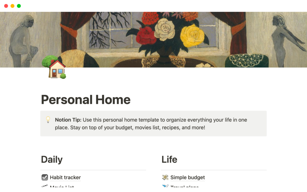 Notion's Personal Home template