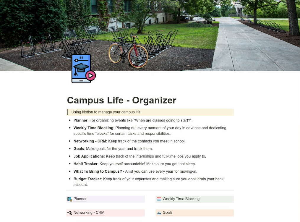 Captura de pantalla de la plantilla Campus Life Organizer