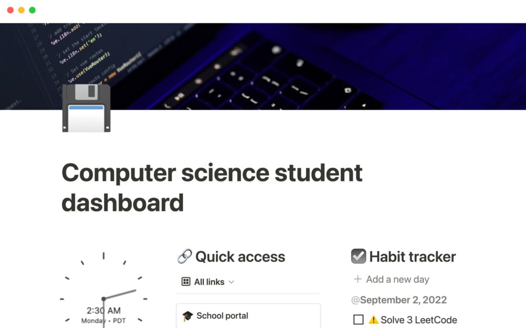 Computer science student dashboard template screenshot