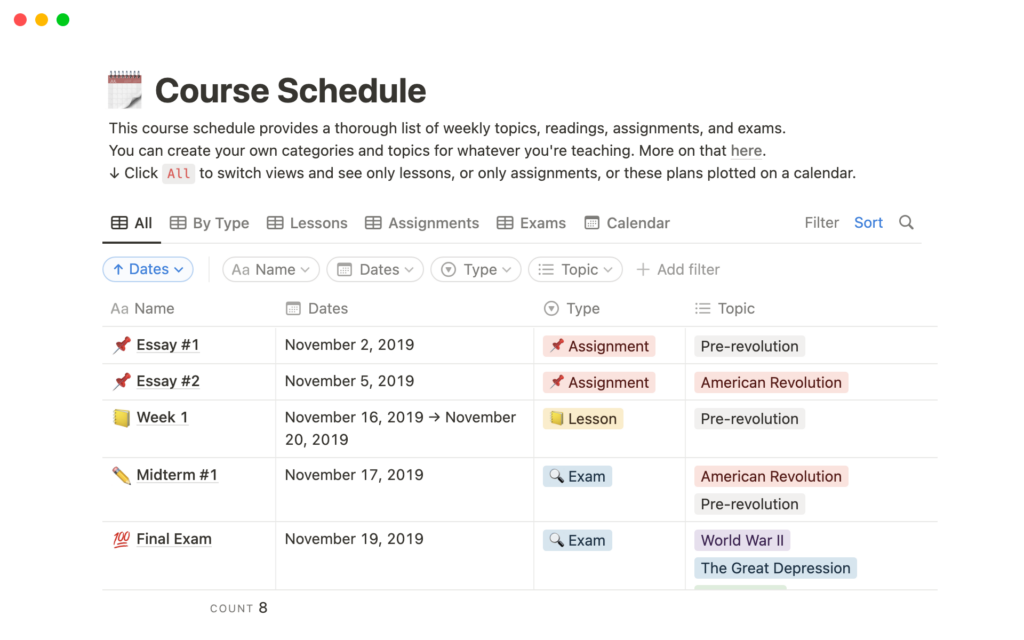 Course Schedule template screenshot