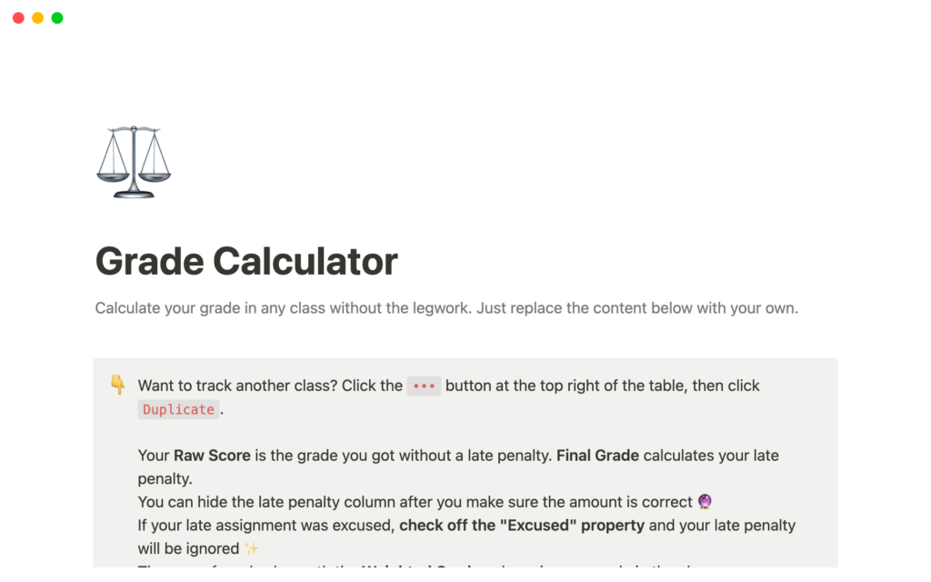 Grade calculator template screenshot