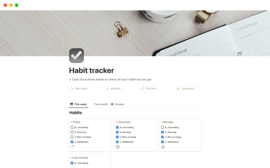 Captura de pantalla de la plantilla Habit tracker