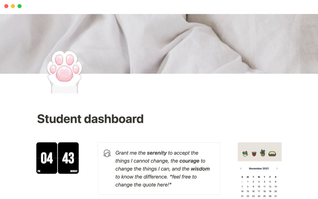 Captura de pantalla de la plantilla Janice Studies' student dashboard