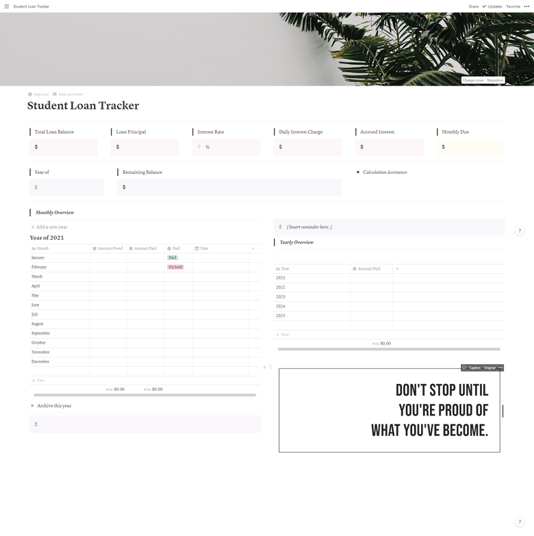 Captura de pantalla de la plantilla Student Loan Tracker