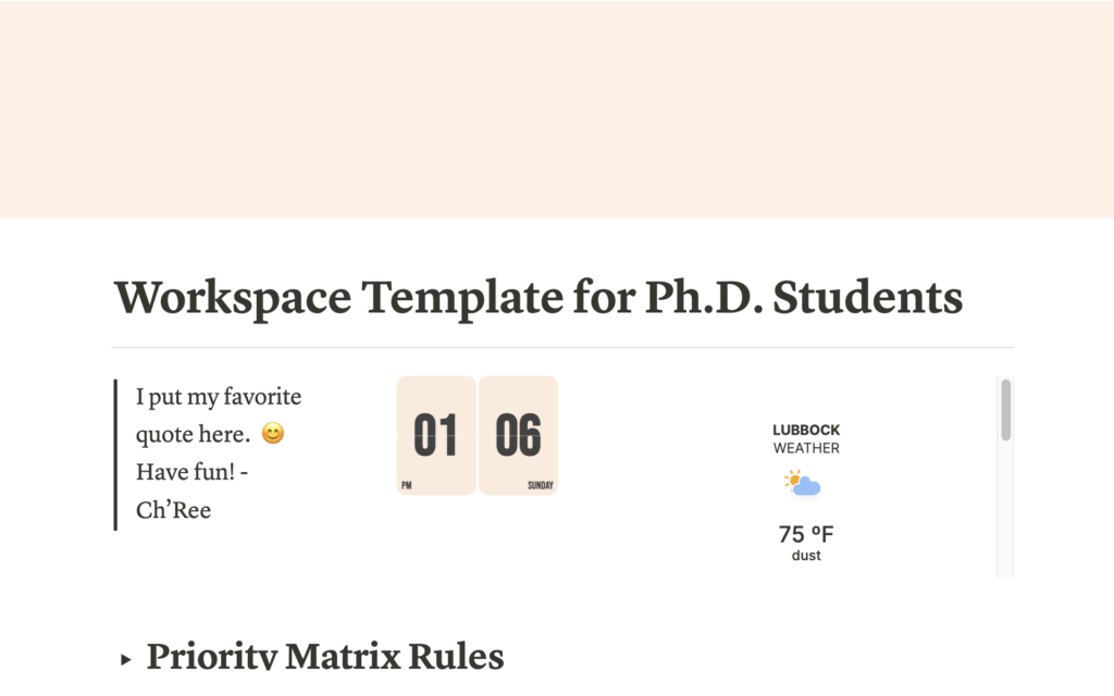 Captura de pantalla de la plantilla Workspace Template for Ph.D. Students